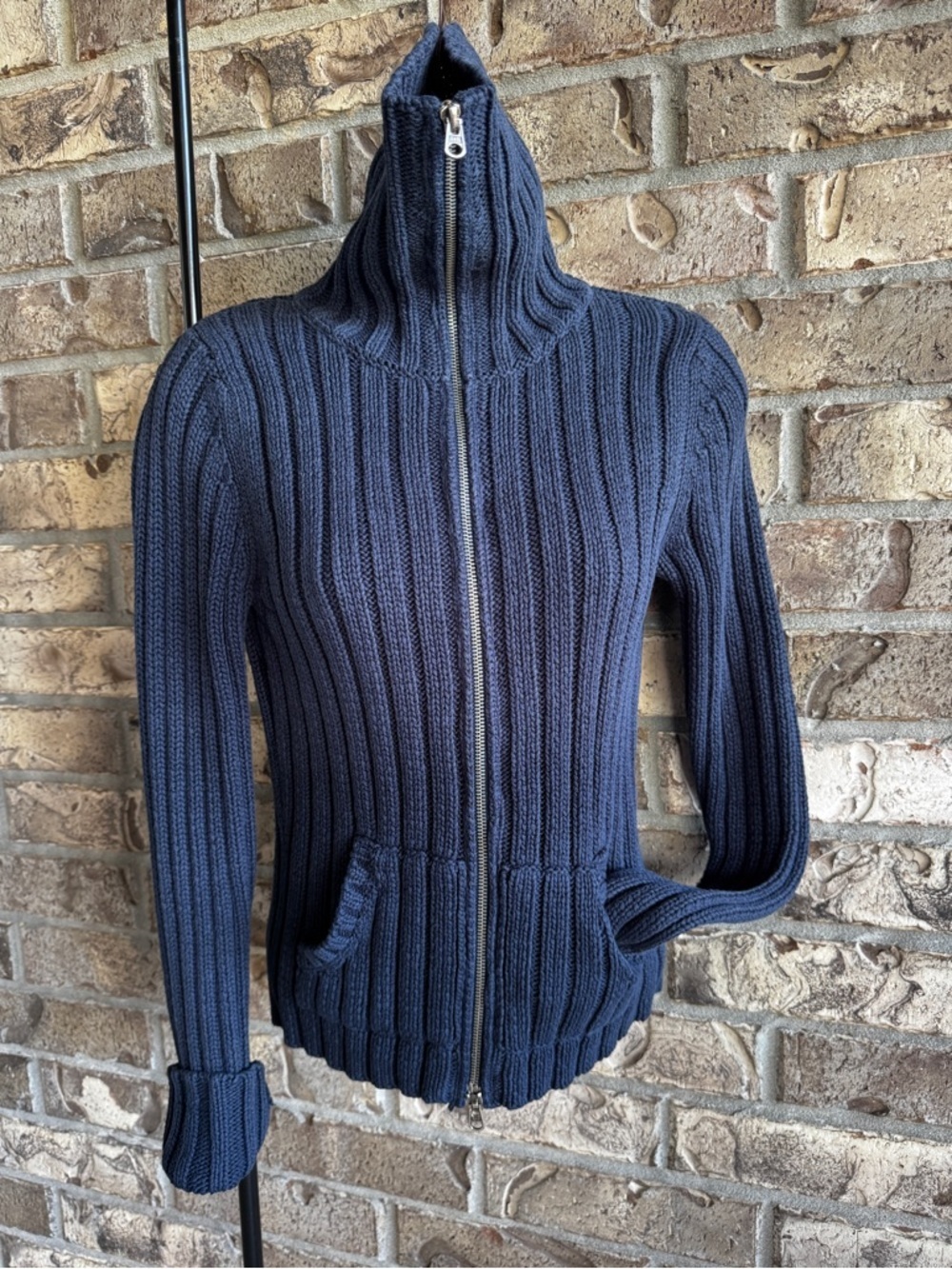 Vintage Y2K Abercrombie & Fitch Ribbed Zip Up Sweater Blue Mock Neck Fitted Sz M